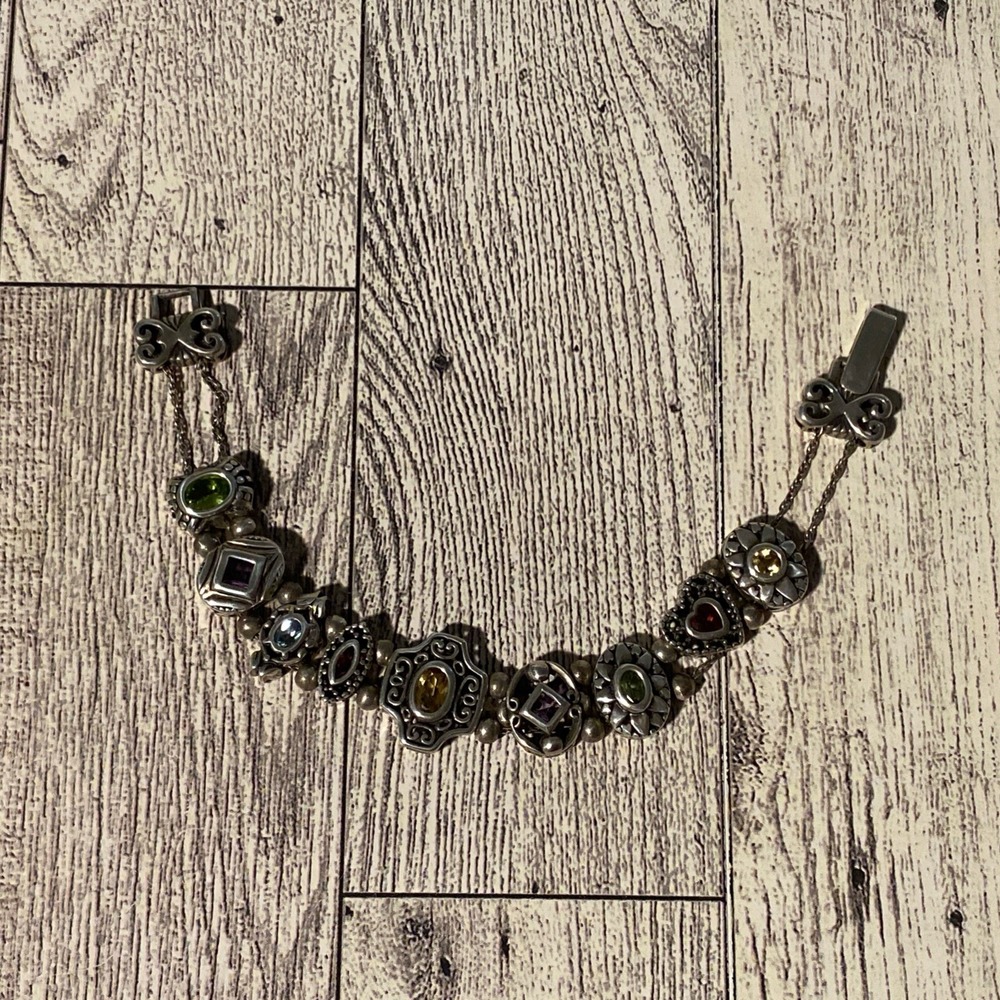 Vintage Signed Sterling 925 Victorian Revival Gemstone Slide Charm Bracelet